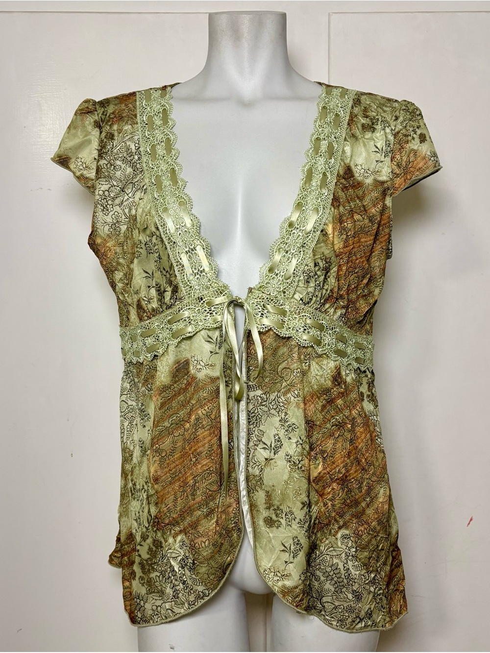 Vintage Y2K Green Fairycore Tie Front Cap Sleeve Top